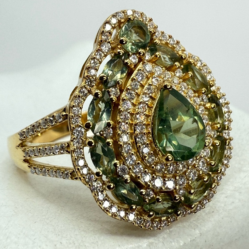 Andranomaro Green Apatite & Moissanite Palm Ring 18K Vermeil YG Sterling Silver